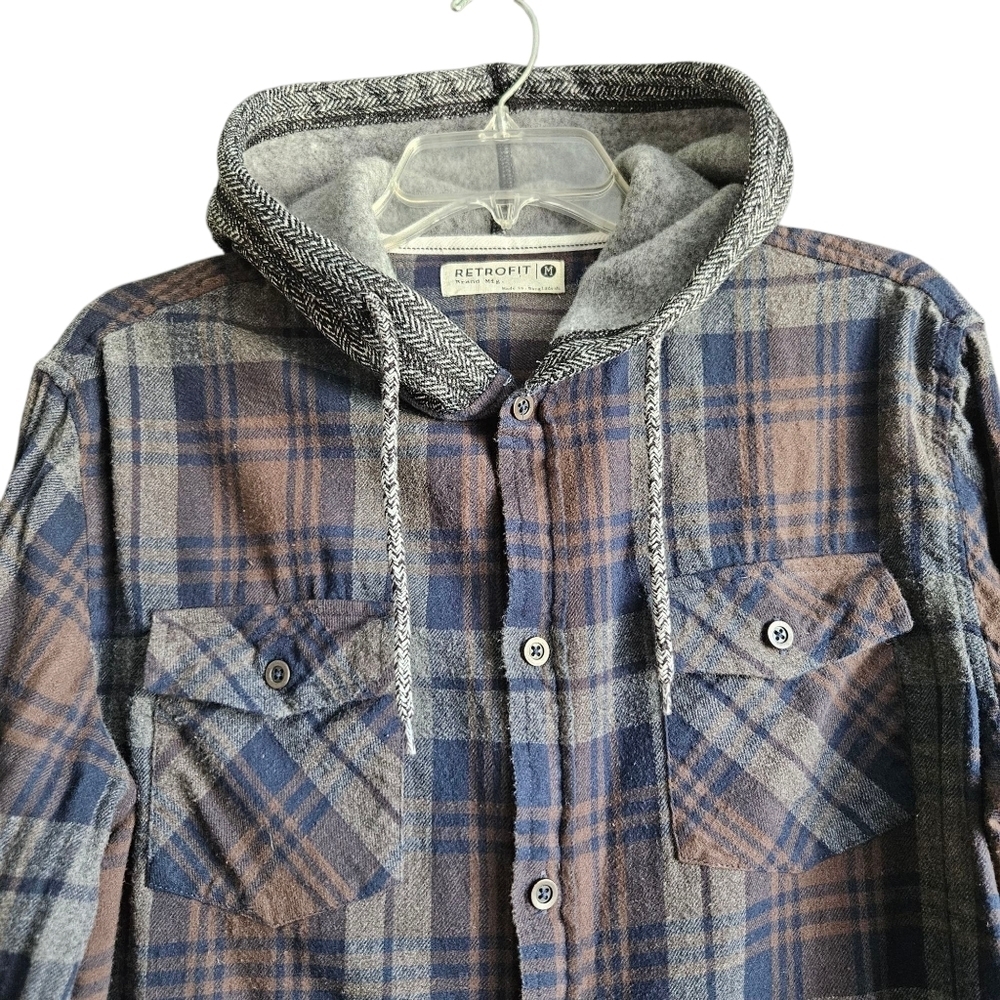 Retrofit Casual‎ Button Up Long Sleeve Hoodie Mens Size Medium Blue Brown - Picture 2 of 9
